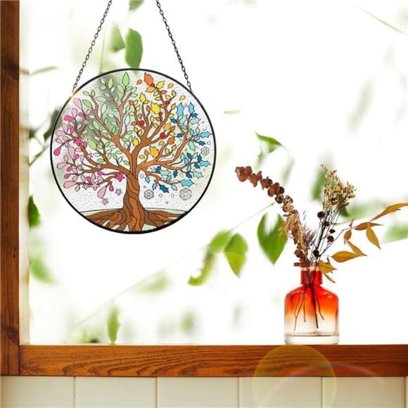 Big Size Tree of Life Stained Glass Suncatcher Four Season Theme Colorful Leaves - Picture 5 of 7